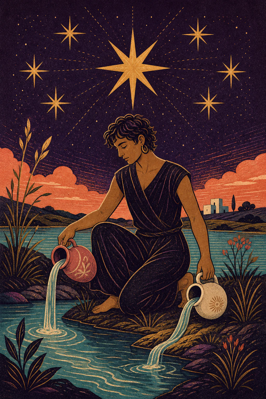 La Estrella: una figura vierte agua bajo ocho estrellas